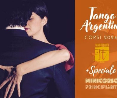 Volantino dei corsi di Tango Argentino a cura di Tango Touch e dello speciale Minicorso per Principianti Assoluti. Immagine abbraccio tango e titolo con logo.