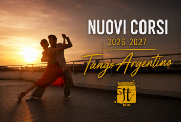 Volantino dei nuovi corsi di Tango Argentino 2026/2027 a cura di Tango Touch Milano. Immagine di una coppia che balla al tramonto.